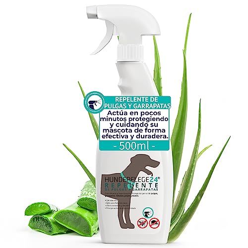 Hundepflege24 Repelente Anti pulgas y garrapatas en Spray para Perro y Gato 500ml - Protección Natural Duradera y Muy eficaz contra garrapatas, pulgas, piojos, Mosquitos, Moscas y ácaros