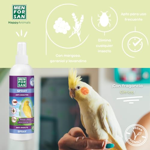 MENFORSAN, Spray Anti-Insectos con Margosa, Geraniol y Lavandino para Aves, Protege a tu pÃ¡jaro de Cualquier Insecto, 250 ml