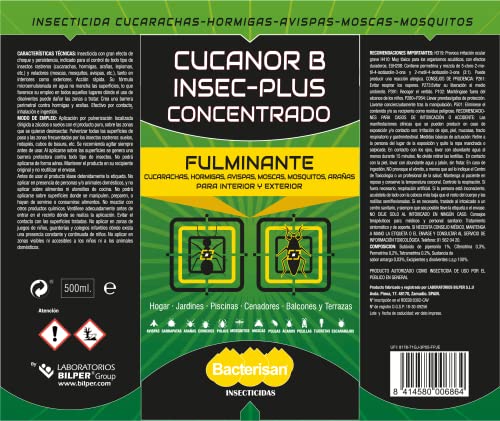 BACTERISAN Insec Plus Concentrado Ml | Insecticida Fulminante Frente A Hormigas E Insectos Voladores, Transparente, 500 ml